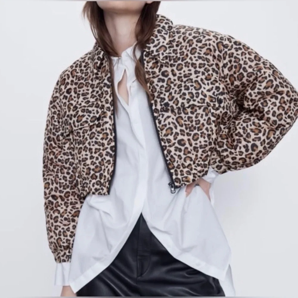 Zara Leopard Print Cropped Puffer Medium - Picture 1 of 5